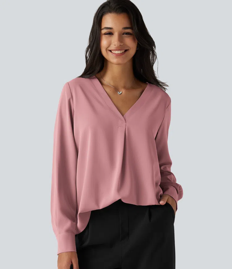 Blouse de bureau défroissage facile, col V et manches longues