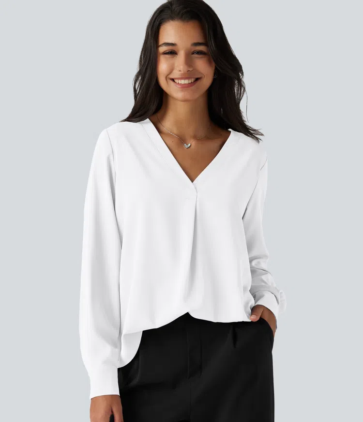 Blouse de bureau défroissage facile, col V et manches longues