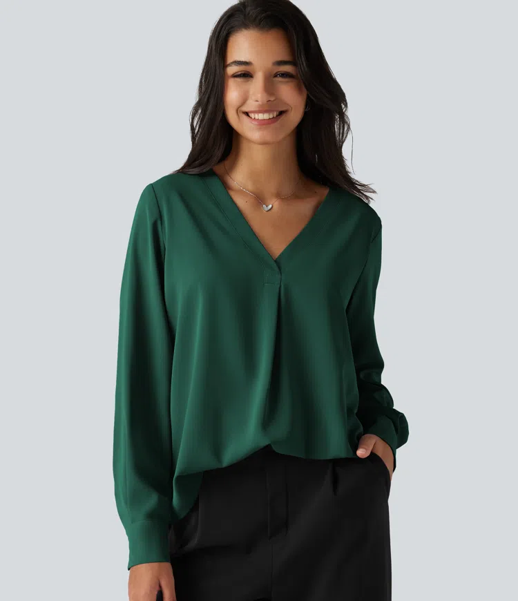 Blouse de bureau défroissage facile, col V et manches longues
