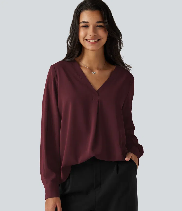 Blouse de bureau défroissage facile, col V et manches longues