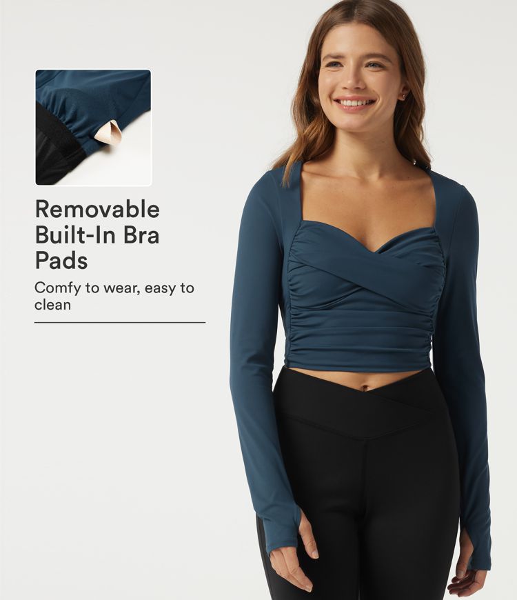 SoftlyZero™ Airy Sweetheart Neck Long Sleeve Built-in Bra Ruched InstantCool Yoga Sports Top with Thumbholes