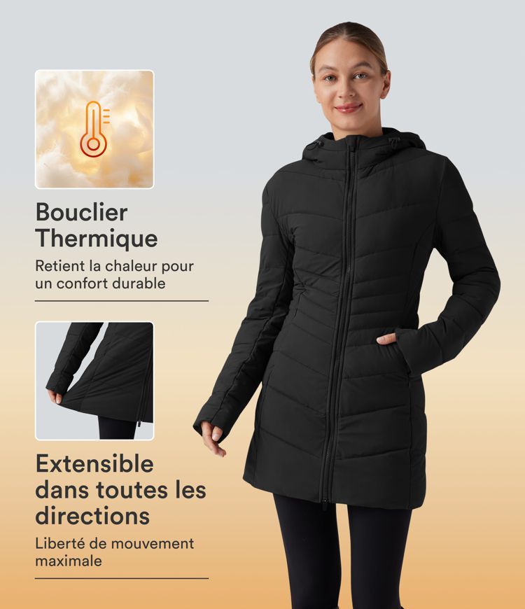 Doudoune longue PuffFlex stretch à capuche avec poches