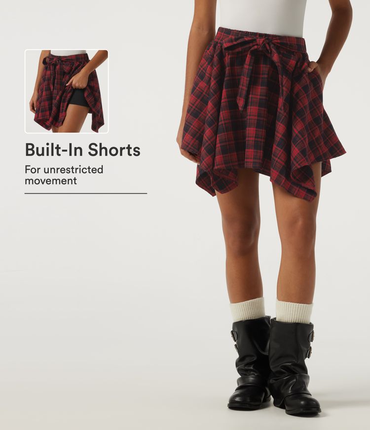 High Waisted Tie Front 2-in-1 Plaid Mini Casual Skirt with Pockets