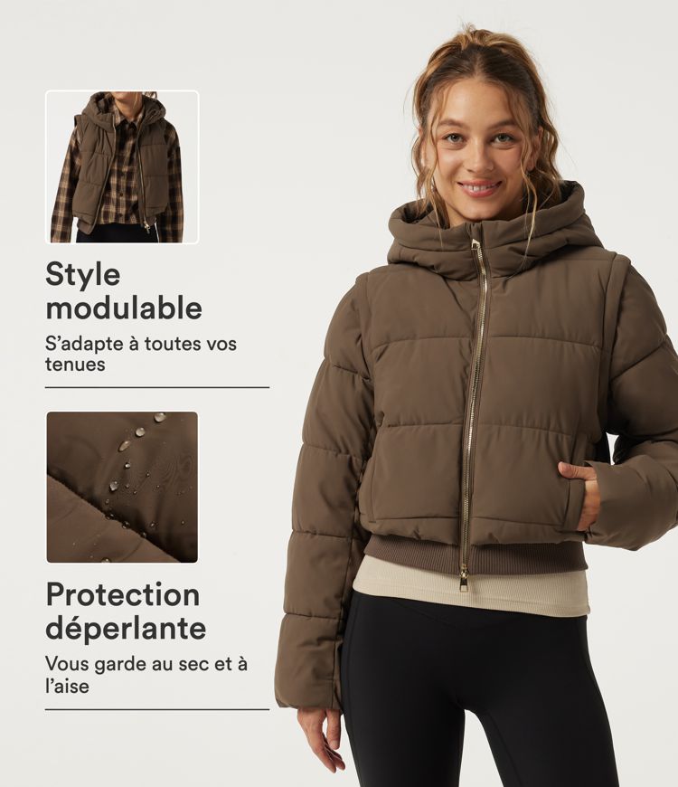 Doudoune de sport PuffFlex défroissage facile Wrinkle Recovery  à capuche amovible et manches longues avec poches