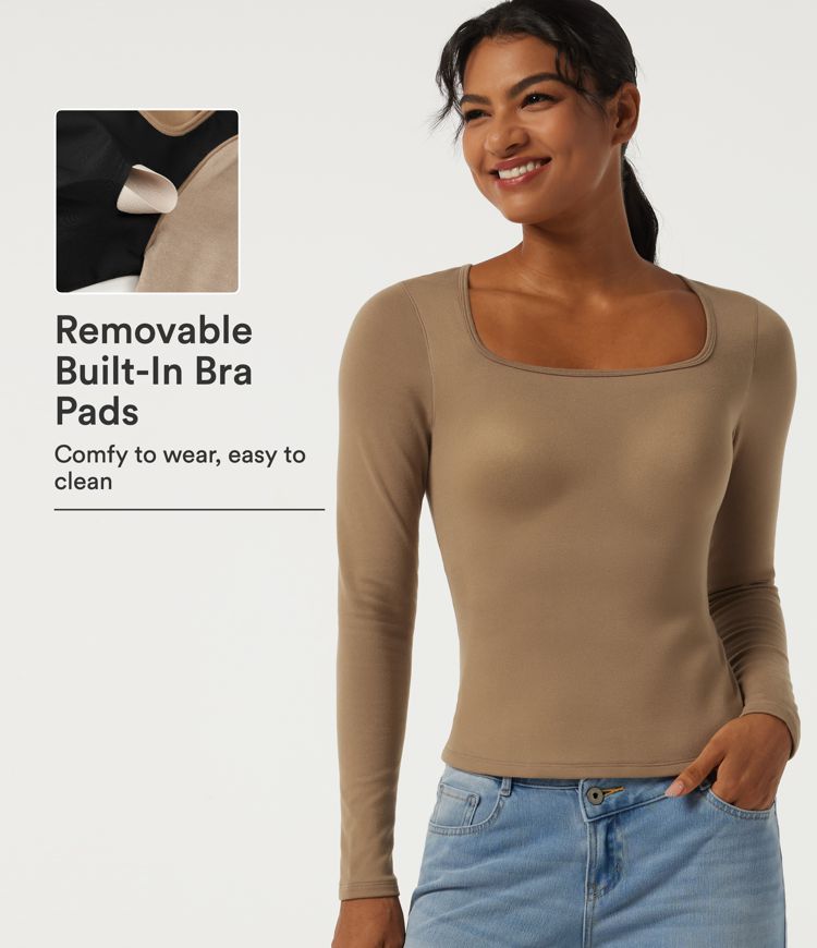 Square Neck Long Sleeve Casual Top with Built-in Bra for B-DD Cups