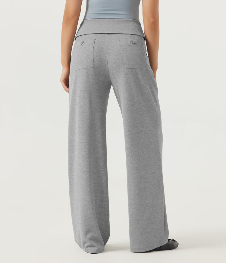 Waffle Gray Mid Rise Foldover Straight Leg Waffle Work Pants with Pockets / 2