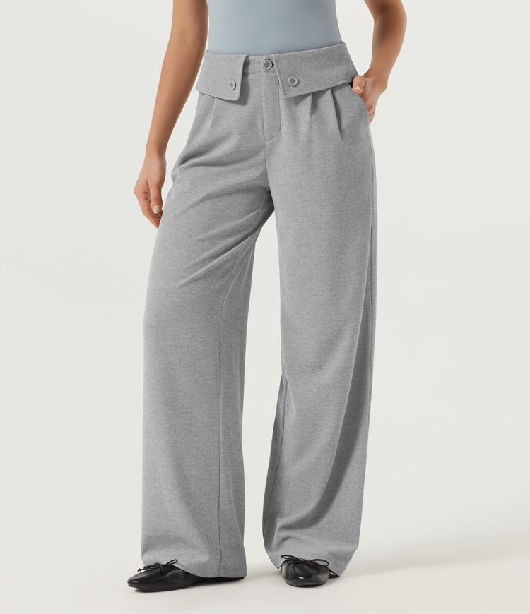 Mid Rise Foldover Straight Leg Waffle Work Pants with Pockets