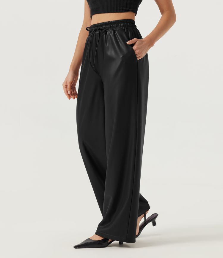 High Waisted Drawstring Wide Leg Stretchy PU Fleece Casual Pants with Pockets
