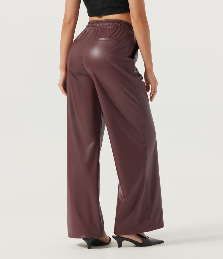 Andorra High Waisted Drawstring Wide Leg Stretchy PU Fleece Casual Pants with Pockets / 2