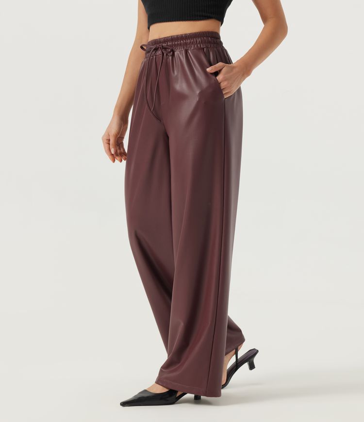 High Waisted Drawstring Wide Leg Stretchy PU Fleece Casual Pants with Pockets