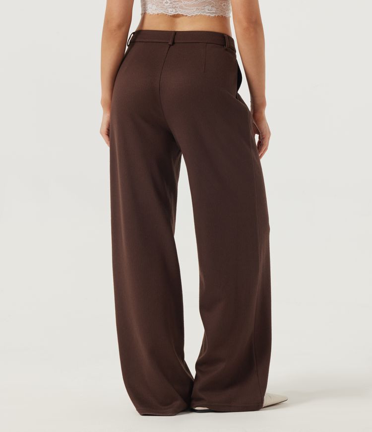 Bitter Chocolate Ribbed Mid Rise Wide Leg Casual Pants with Pockets / 2