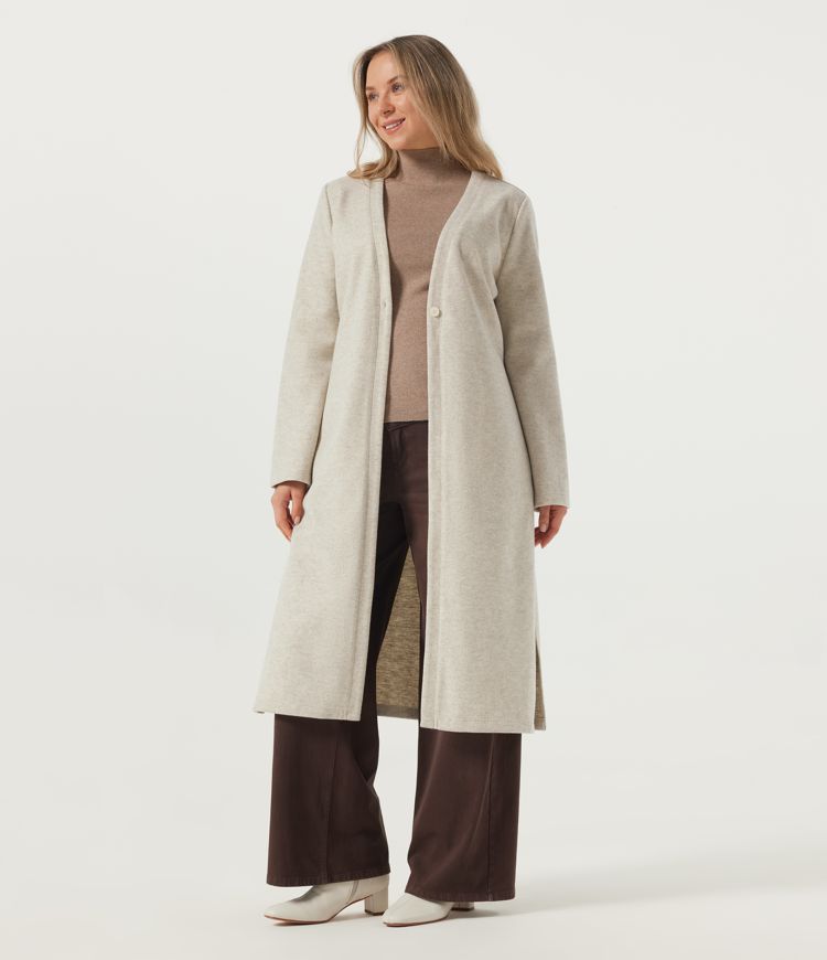 Light Beige V Neck Long Sleeve Fleece Casual Coat with Pockets / 1