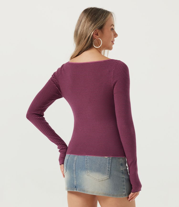 Pink Frosting Stripes Boat Neck Long Sleeve Stripe Casual Sweater with Thumbholes / 2
