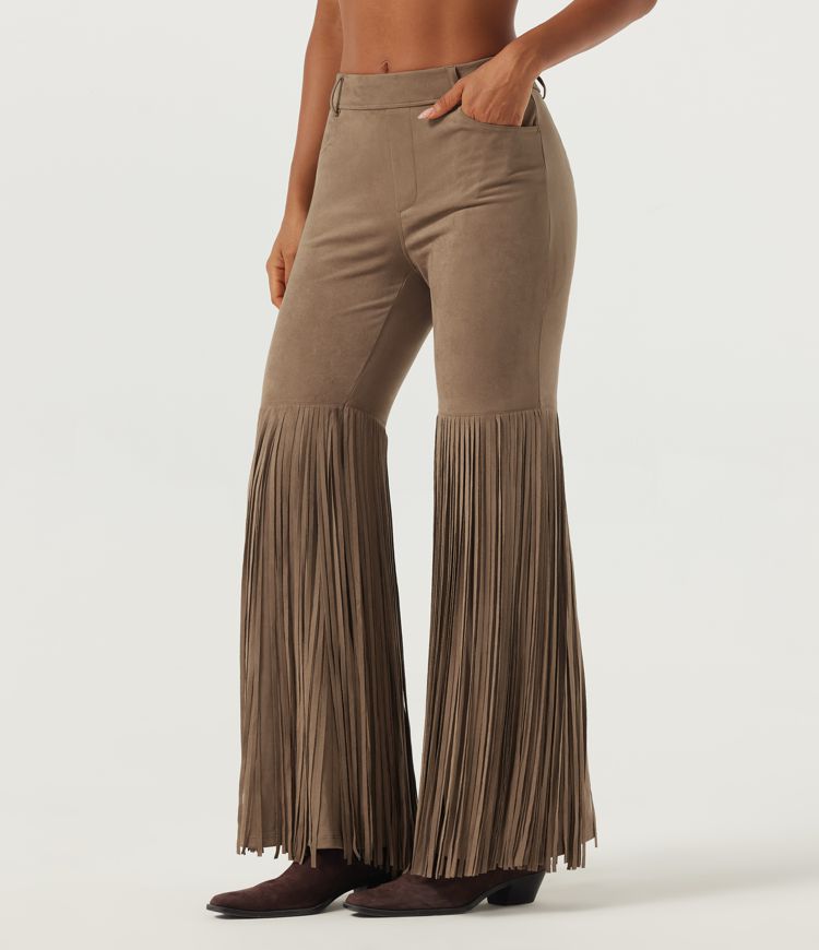 Mid Rise Bootcut Fringe Suede Casual Leggings with Pockets