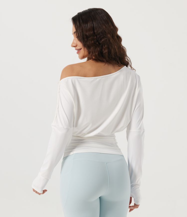 White One Shoulder Long Sleeve Yoga Sports Top with Built-in Bra and Thumbholes / 2