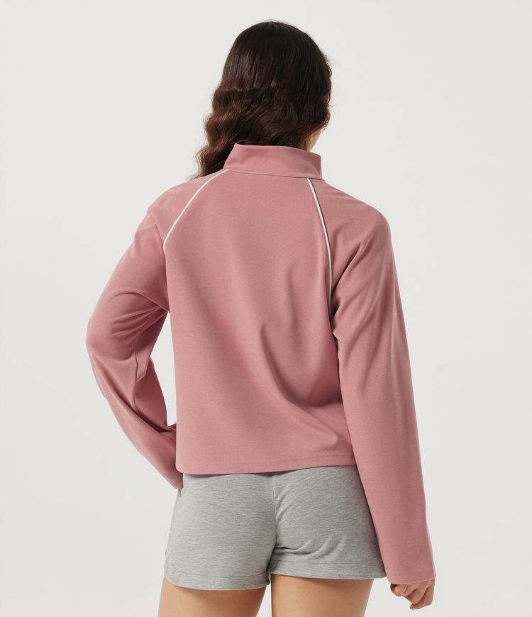 Rose Tan Stand Collar Long Sleeve Waffle Casual Sports Top / 2