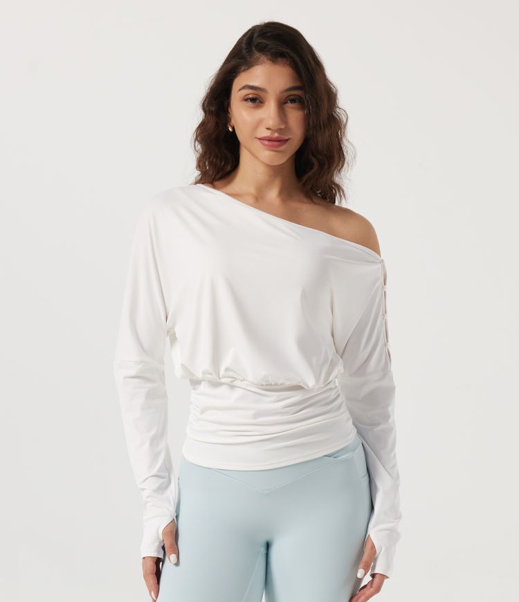 Ein-Schulter-Langarm-Yoga-Sporttop mit integriertem BH und Daumenlöchern
