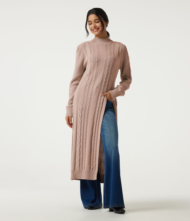 Mock Neck Long Sleeve Cable Stitch Casual Midi Sweater Dress