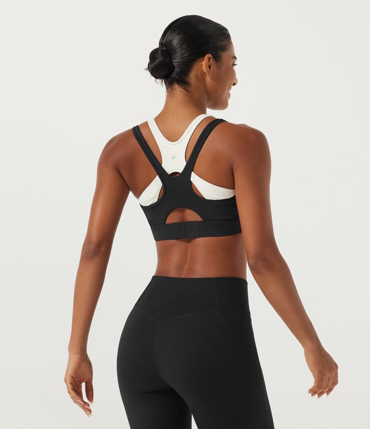 White  U Neck Cut Out InstantCool Quick Dry Running Sports Bra with Pockets / 2