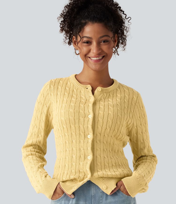 Round Neck Long Sleeve Work Cardigan