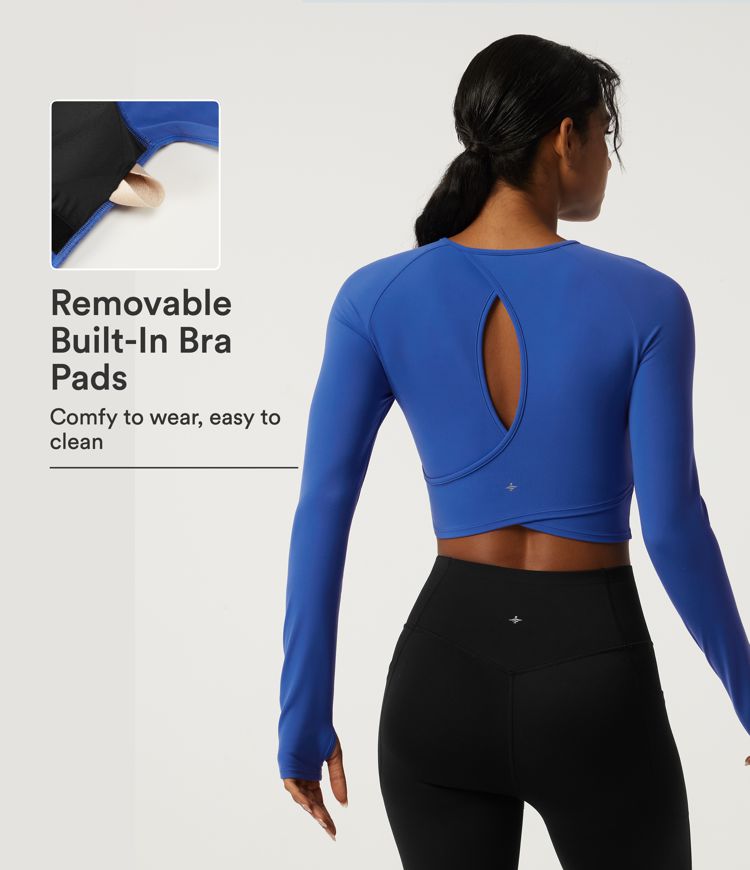 Round Neck Long Sleeve Yoga Sports Top with Built-in Bra and Thumbholes