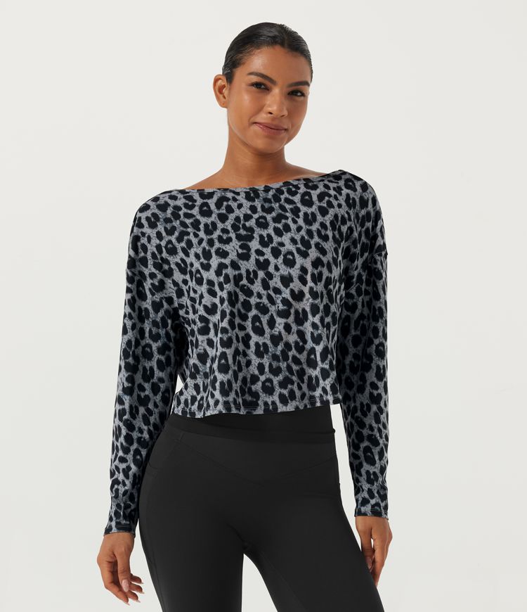 Frosted Panther Boat Neck Long Sleeve Leopard Print Waffle Training Sports Top / 2