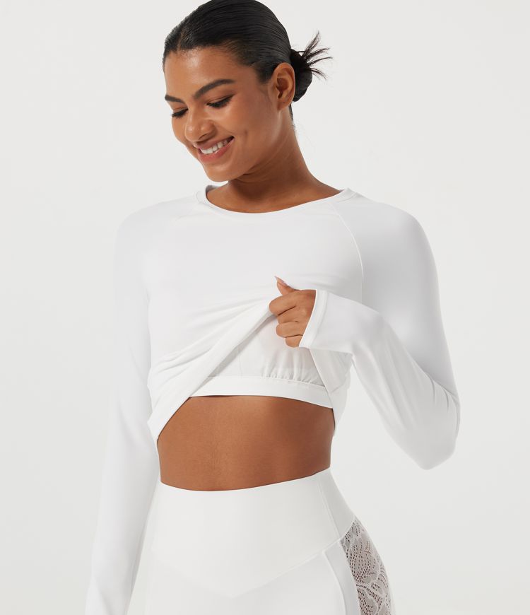 SoftlyZero™ Plush Round Neck Raglan Long Sleeve Contrast Lace Built-in Bra Yoga Sports Top