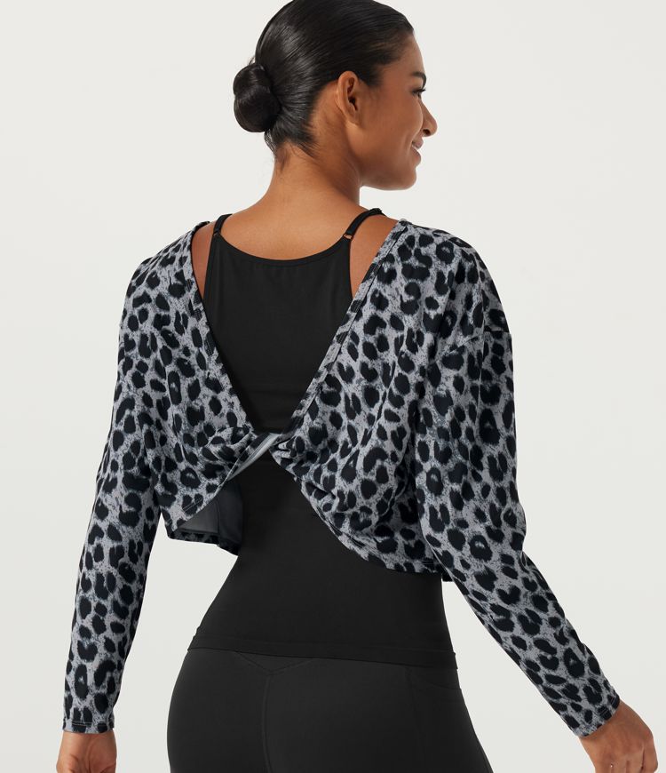 Boat Neck Long Sleeve Leopard Print Waffle Training Sports Top