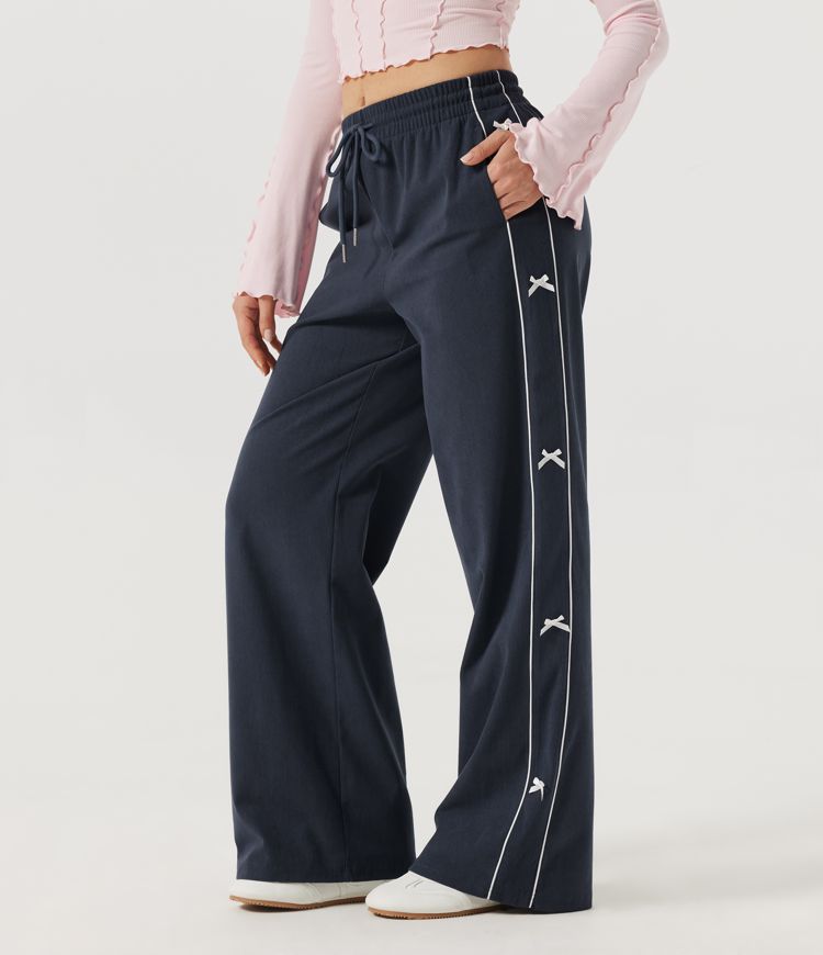 Mid Rise Drawstring Wide Leg Color Block Casual Pants with Pockets