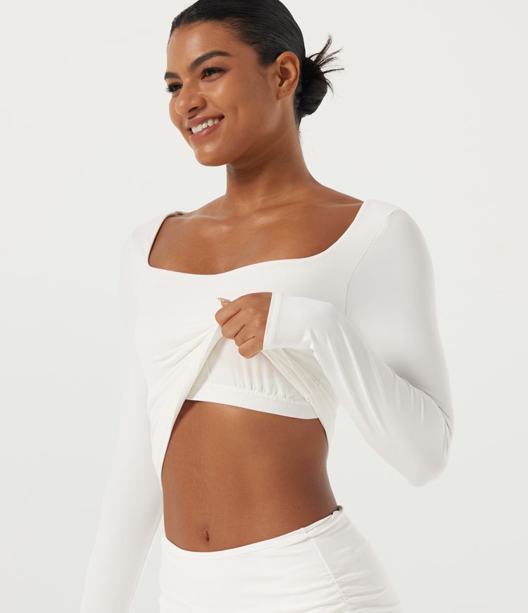SoftlyZero™ Airy Sweetheart Neck Long Sleeve Contrast Lace Yoga Sports Top with Built-in Bra