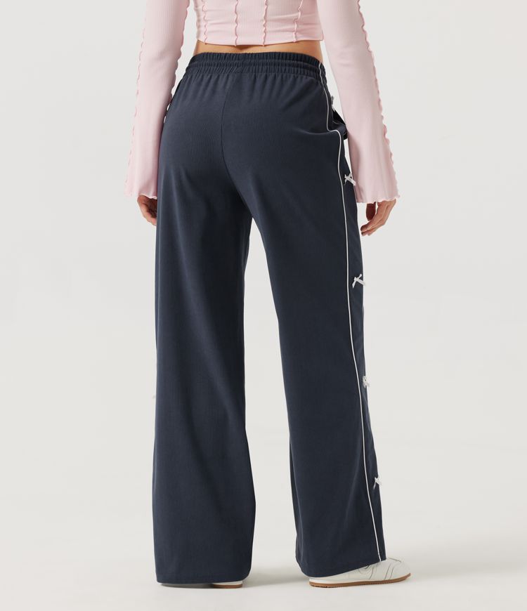 Peacoat Mid Rise Drawstring Wide Leg Color Block Casual Pants with Pockets / 2