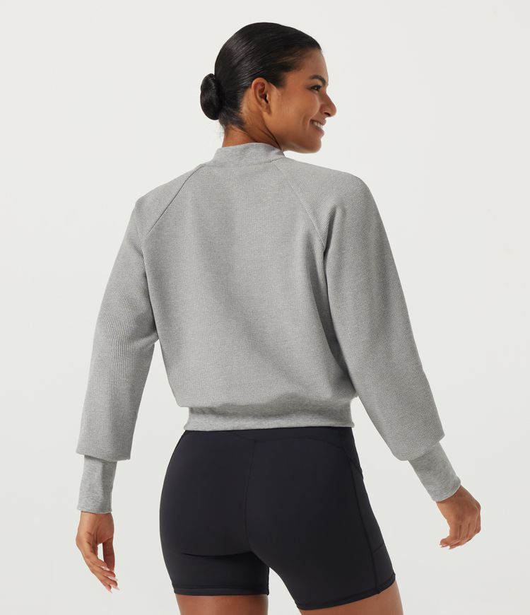 Fog Gray Mock Neck Long Sleeve Waffle Yoga Sports Top / 2