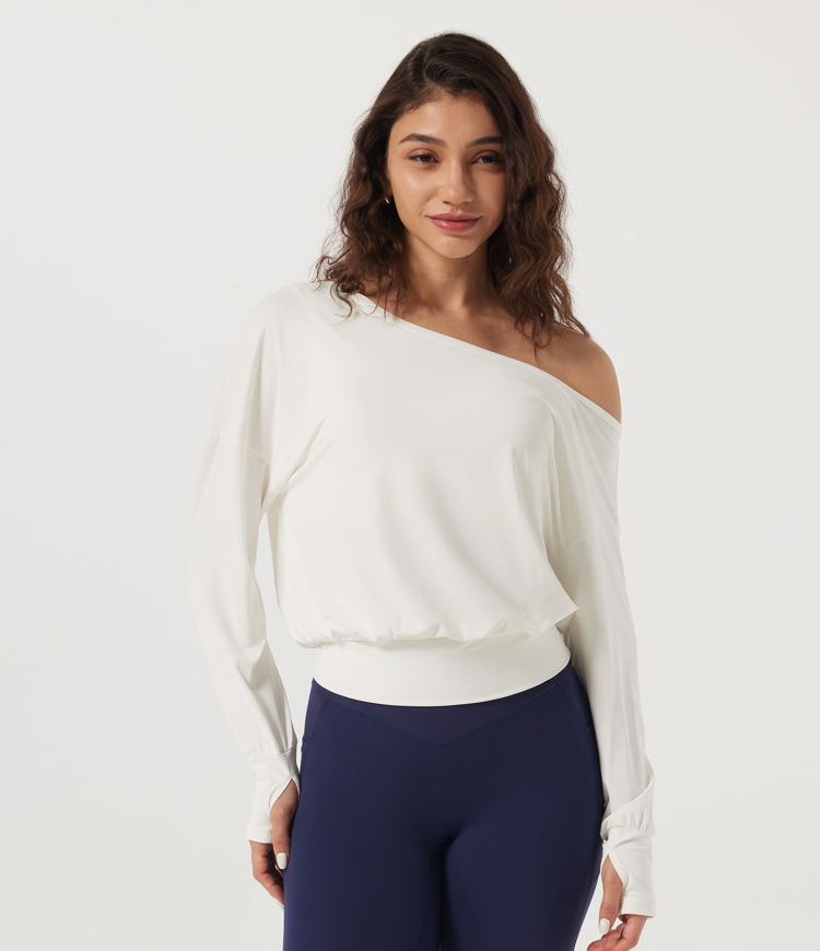White One Shoulder Long Sleeve Yoga Sports Top with Built-in Bra and Thumbholes / 1
