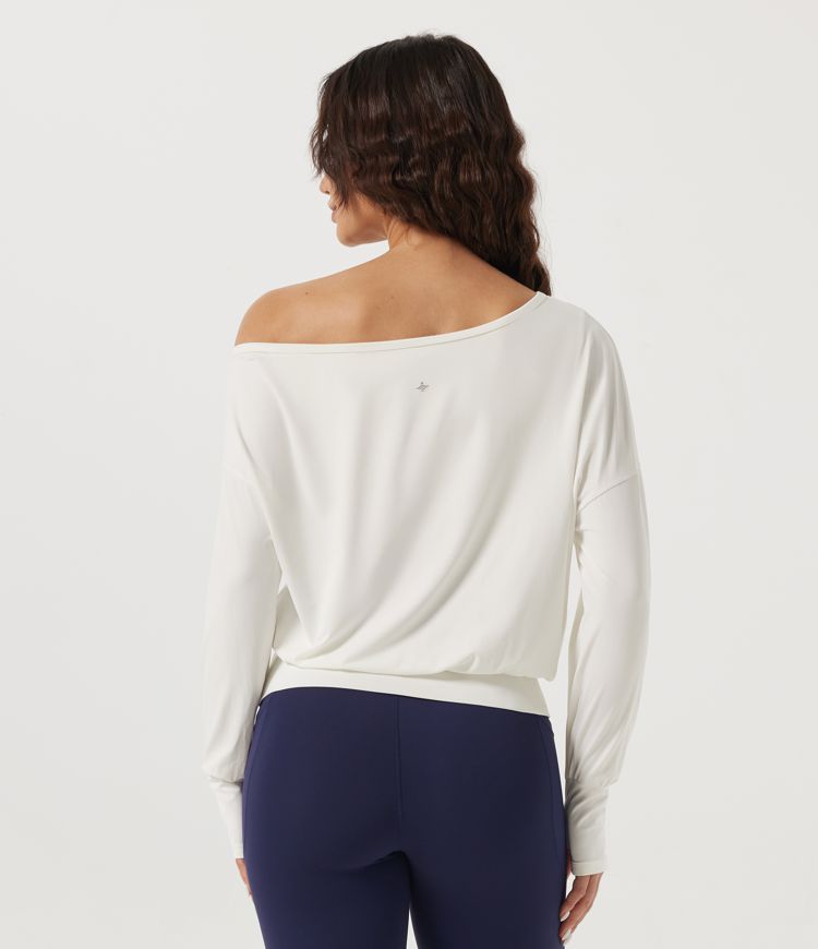 White One Shoulder Long Sleeve Yoga Sports Top with Built-in Bra and Thumbholes / 2