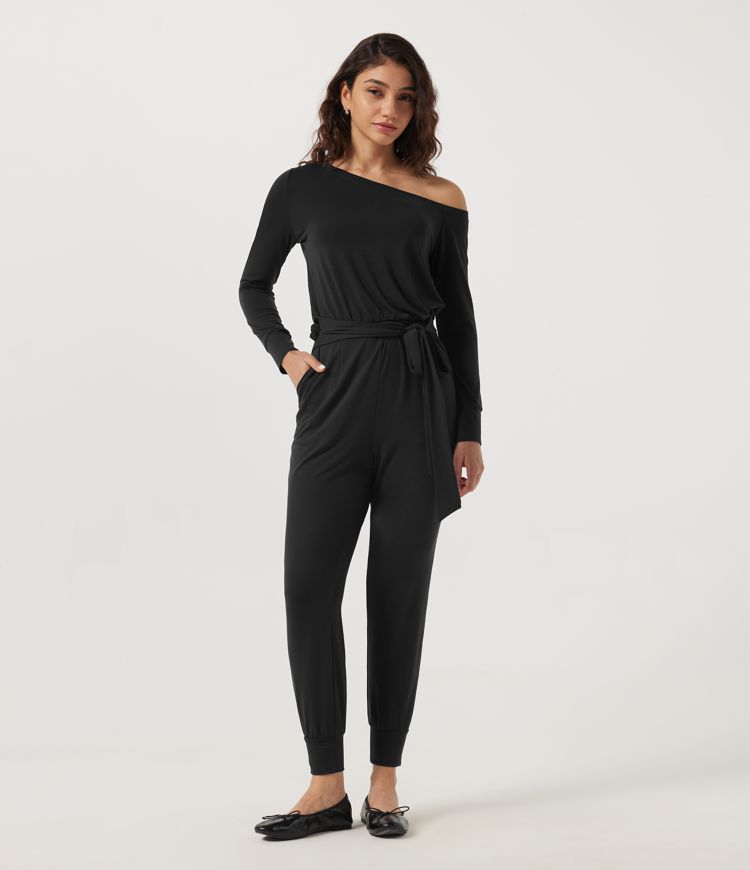 One Shoulder Long Sleeve Belted Casual Jumpsuit with Pockets - Easy Peezy Edition