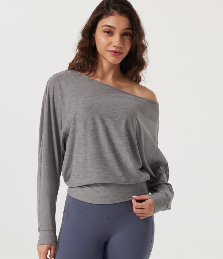 Mottled Earth Gray One Shoulder Batwing Long Sleeve Built-in Bra Yoga Sports Top / 2
