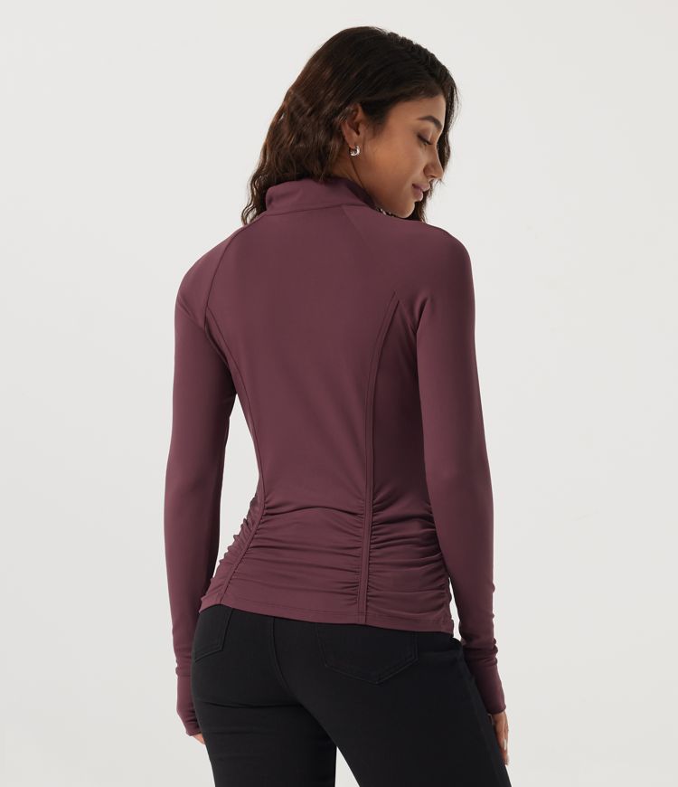 Red Mahogany Mock Neck Long Sleeve Ruched Quick Dry Casual Top with Thumbholes / 2