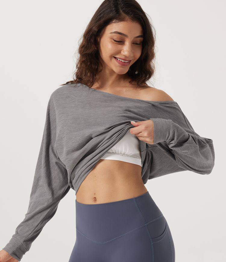 One Shoulder Batwing Long Sleeve Built-in Bra Yoga Sports Top
