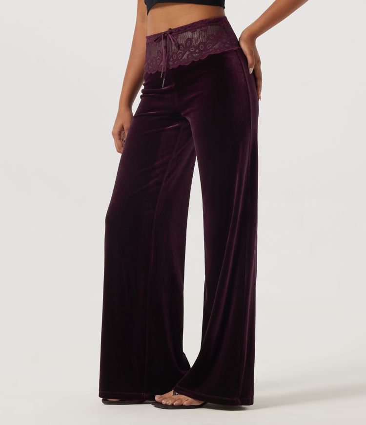 Mid Rise Drawstring Wide Leg Contrast Lace Velvet Casual Pants with Pockets