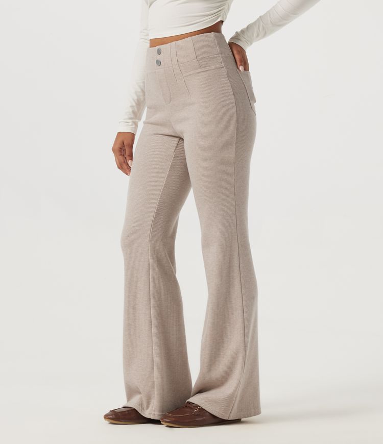 Ribbed Knit High Waisted Flare Casual Pants with Pockets