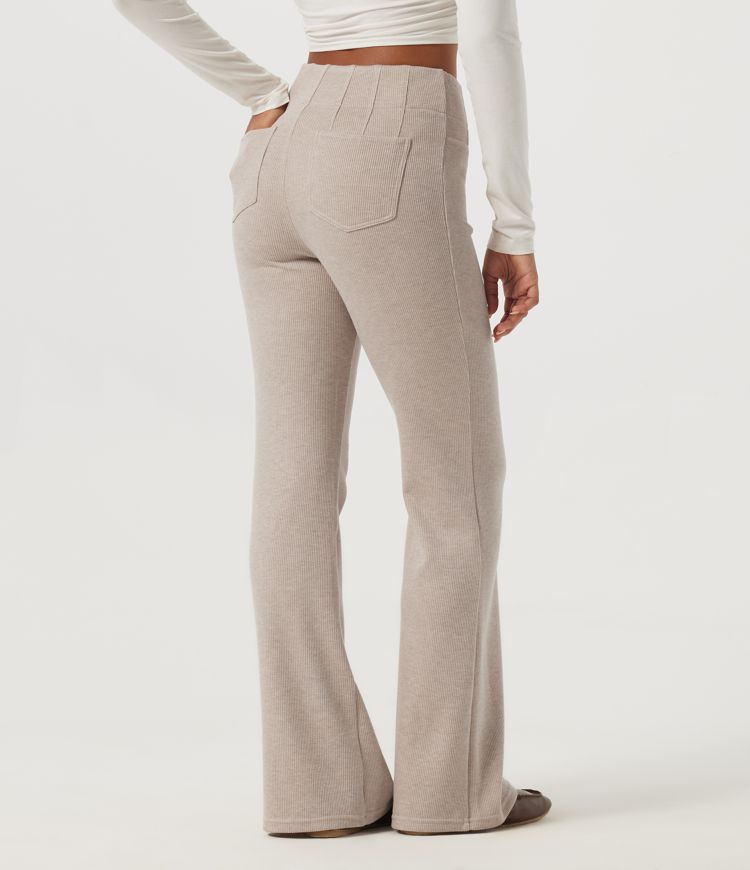 Oatstone Beige Ribbed Knit High Waisted Flare Casual Pants with Pockets / 2