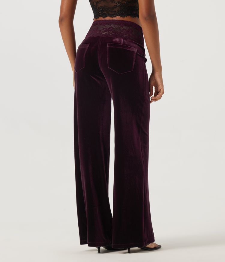 Dusky purple Mid Rise Drawstring Wide Leg Contrast Lace Velvet Casual Pants with Pockets / 2