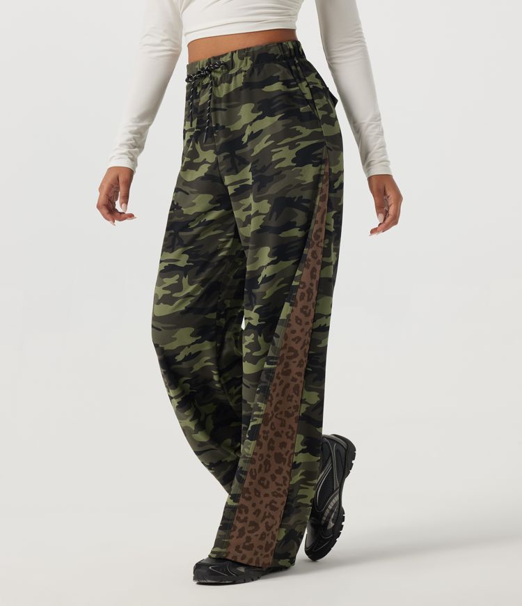 High Waisted Drawstring Wide Leg Camo Leopard Print Waffle Casual Pants with Pockets