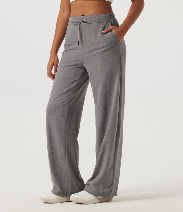 Mid Rise Straight Leg Drawstring Workout Pants with Pockets