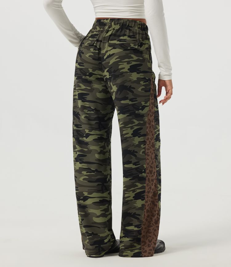 Woodland Edge Camo High Waisted Drawstring Wide Leg Camo Leopard Print Waffle Casual Pants with Pockets / 2