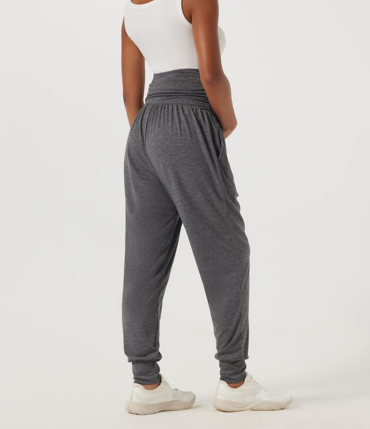 Darl Gray Floral Yarn Super High Waisted Tapered Ruched Yoga Maternity Joggers with Pockets / 2