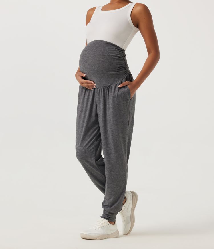 Super High Waisted Tapered Ruched Yoga Maternity Joggers with Pockets