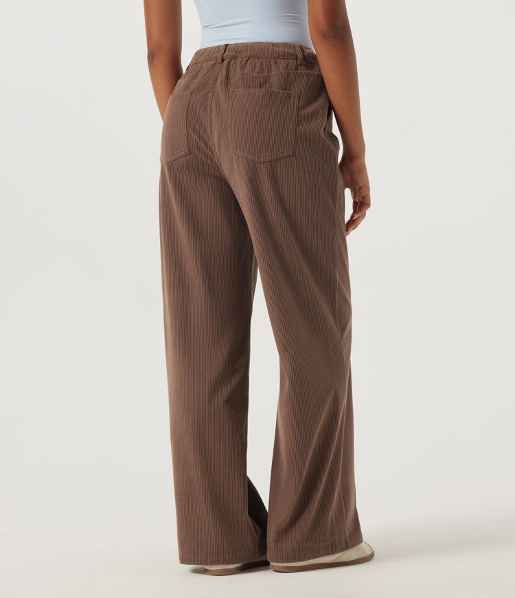 Cappuccino Mid Rise Drawstring Wide Leg Corduroy Casual Pants with Pockets / 2