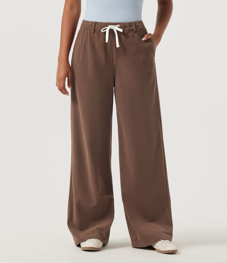 Mid Rise Drawstring Wide Leg Corduroy Casual Pants with Pockets