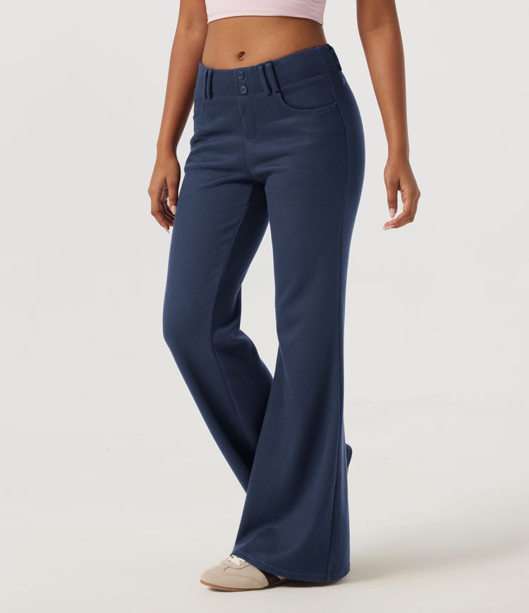 Ribbed Low Rise Flare Casual Pants with Pockets